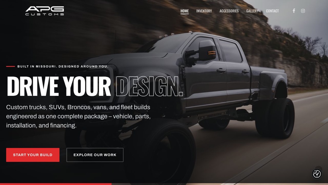 APG Customs live website featuring lifted trucks and custom vehicle builds
