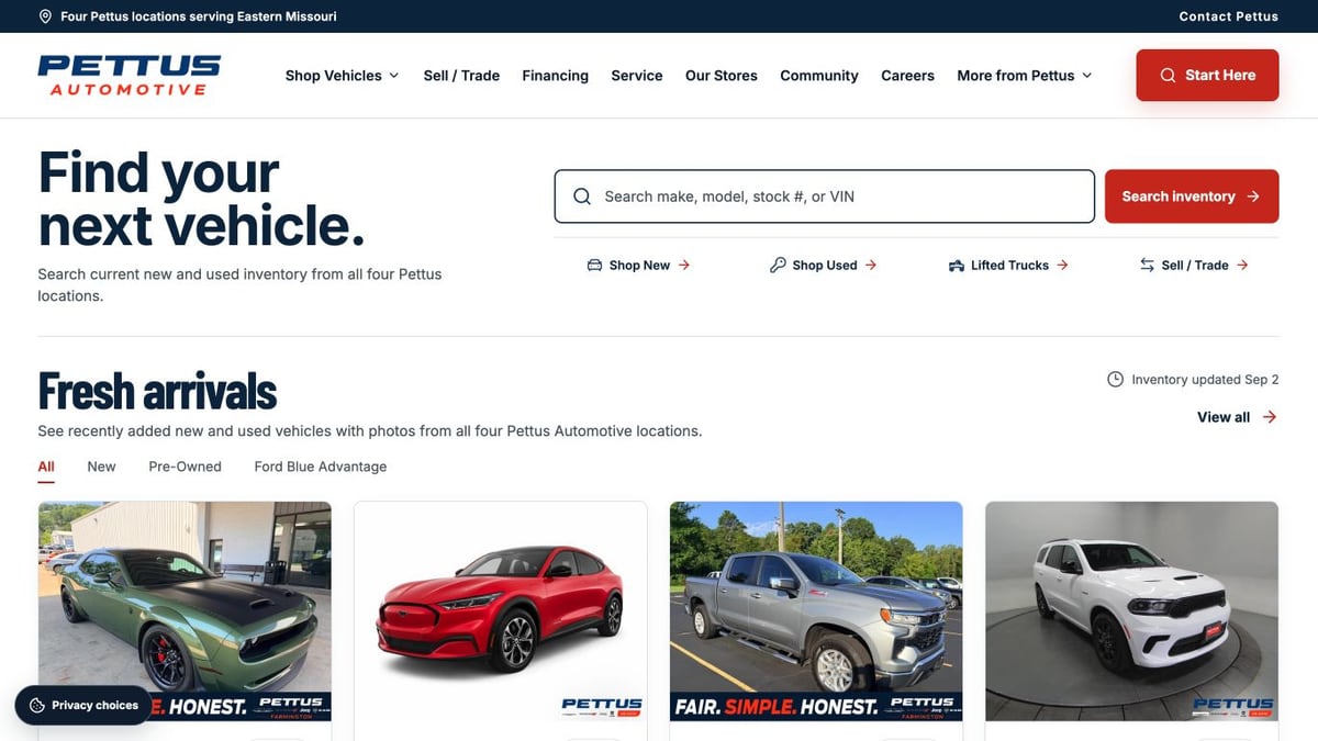 Pettus Automotive live homepage with inventory and service actions