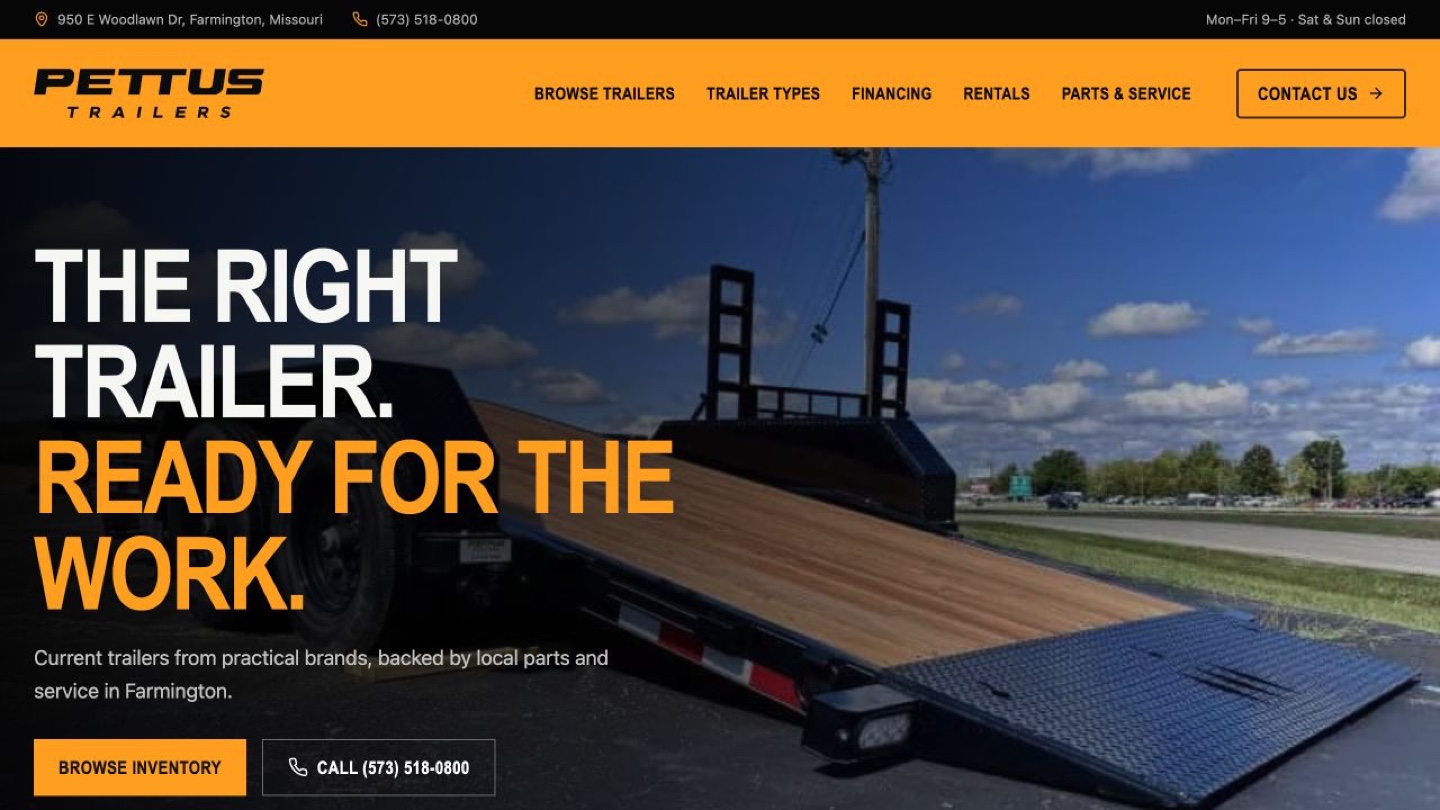 Pettus Trailers live website with trailer inventory and shopping paths